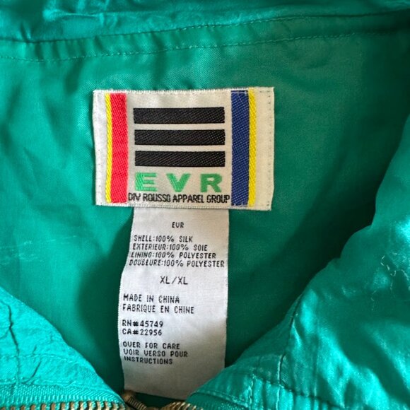 Vintage 1980’s EVR 100% Silk Bomber Jacket, Teal w/ Gold Beads, Lined, Size XL - Picture 2 of 9